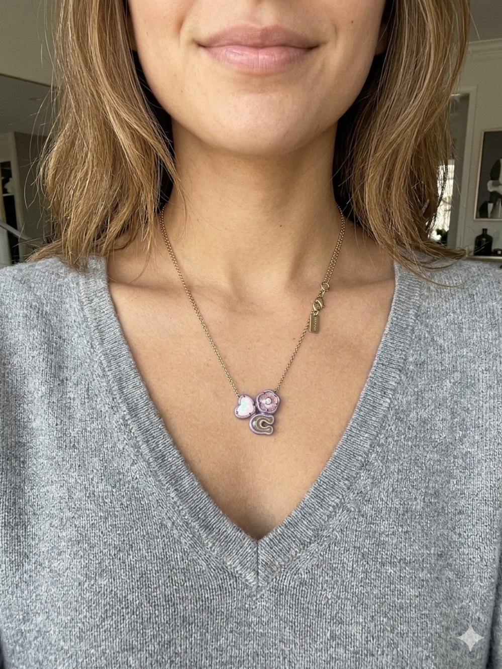 Coach Rose Gold Tea Rose Cluster Necklace with Purple Floral Enamel Charms 9”